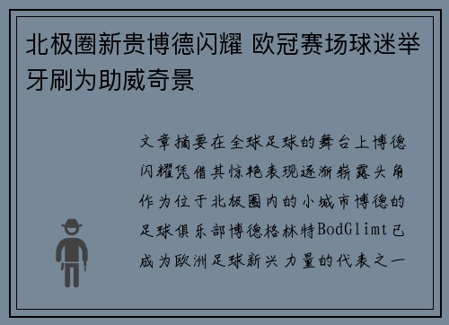 北极圈新贵博德闪耀 欧冠赛场球迷举牙刷为助威奇景