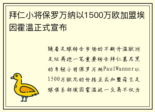 拜仁小将保罗万纳以1500万欧加盟埃因霍温正式宣布